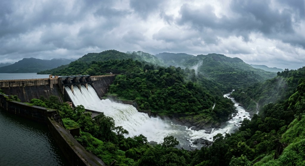 Mulshi Dam overflowing during monsoon with lush green hills, soft natural light, serene landscape, wide-angle compositio