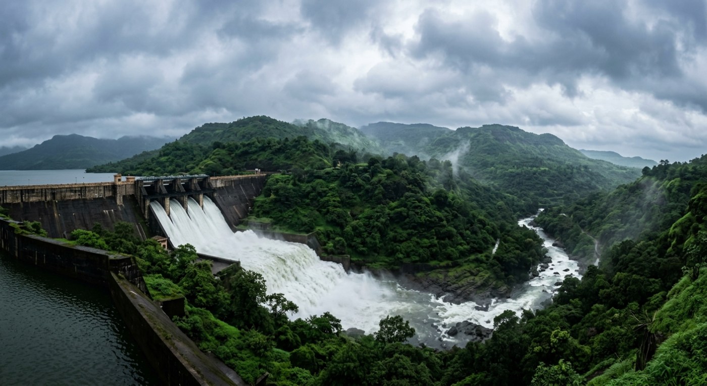 Mulshi Dam overflowing during monsoon with lush green hills, soft natural light, serene landscape, wide-angle compositio