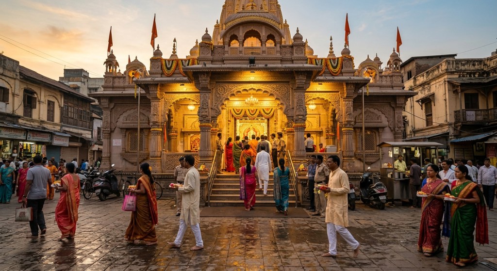 Early morning view of Dagdusheth Halwai Ganpati temple exterior with devotees entering, soft golden light, Pune architec