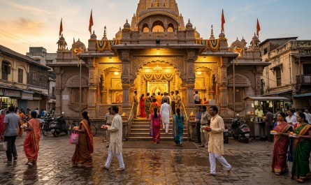 Early morning view of Dagdusheth Halwai Ganpati temple exterior with devotees entering, soft golden light, Pune architec