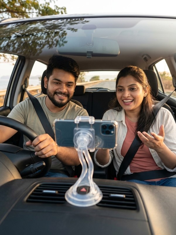 Couple filming travel vlog inside car with phone mount, natural dashboard view, candid unposed expression, warm afternoo