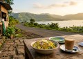Golden morning light over a simple roadside breakfast spread with poha, chai, and green hills in the background near Paw