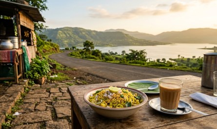 Golden morning light over a simple roadside breakfast spread with poha, chai, and green hills in the background near Paw
