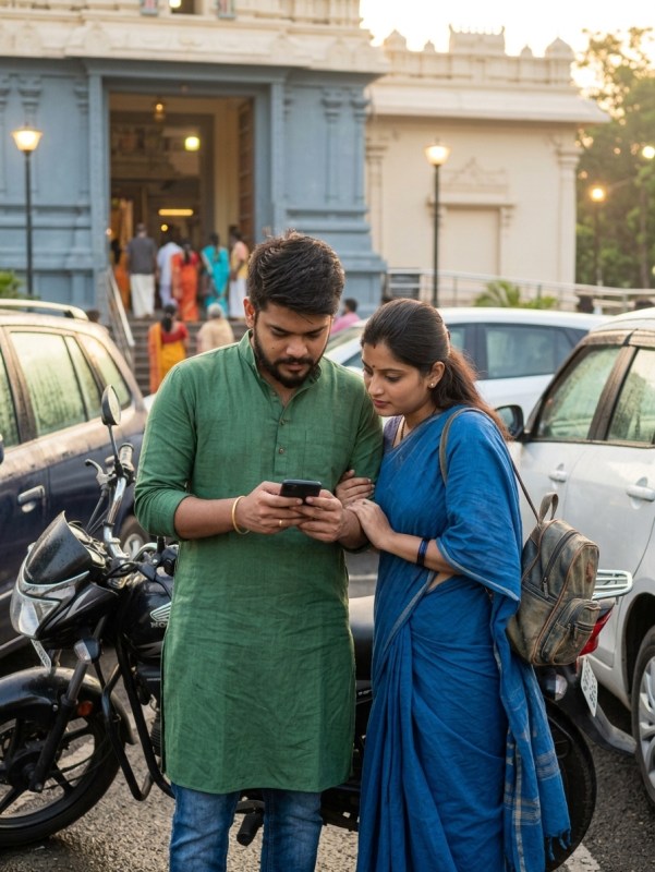 Indian couple checking phone at temple parking lot, early morning light, candid travel moment, realistic documentary sty