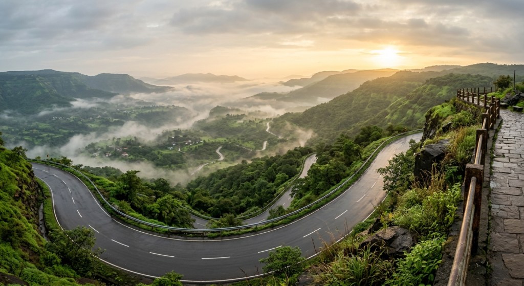 Misty monsoon morning at Lonavala viewpoint, empty winding roads through green hills, soft golden sunrise light, wide va