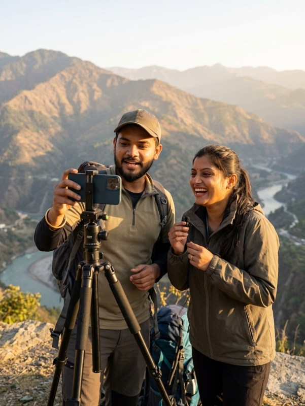 Indian couple filming travel vlog with smartphone on tripod at scenic viewpoint, golden hour lighting, natural candid in