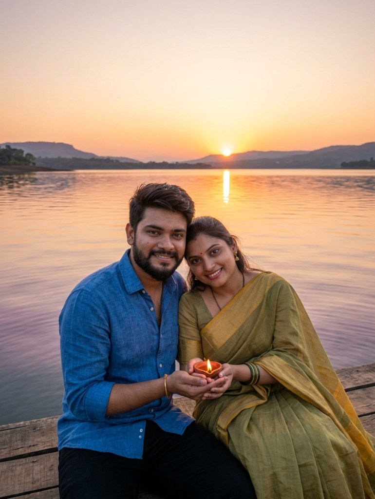 Young Indian couple sitting by a calm lakeshore at sunset, natural light, wide peaceful landscape, warm tones, candid mo