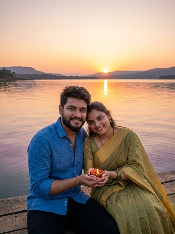 Young Indian couple sitting by a calm lakeshore at sunset, natural light, wide peaceful landscape, warm tones, candid mo