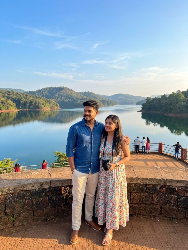 Wide-angle view of Salaulim Dam reservoir with calm blue water, forested hills in background, golden late afternoon ligh