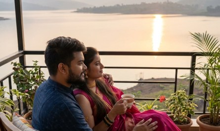 Couple sitting on a private cottage balcony overlooking Mulshi Lake at sunrise, soft golden light, intimate and serene c