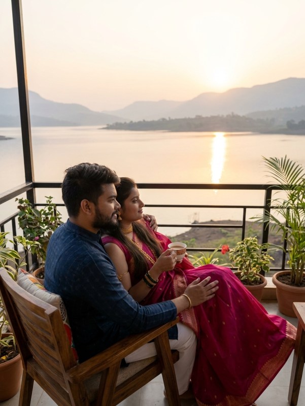 Couple sitting on a private cottage balcony overlooking Mulshi Lake at sunrise, soft golden light, intimate and serene c