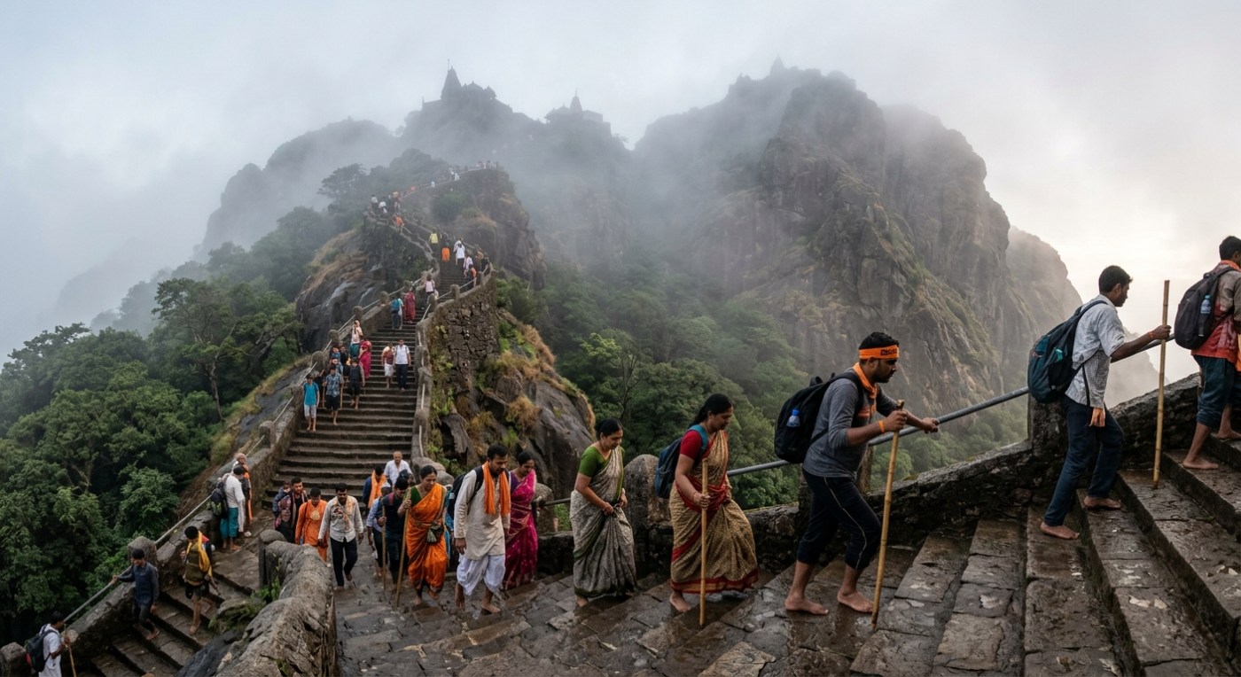 **Image Prompt 2:** Early morning Girnar mountain steps winding upward, stone staircase with pilgrims climbing, morning