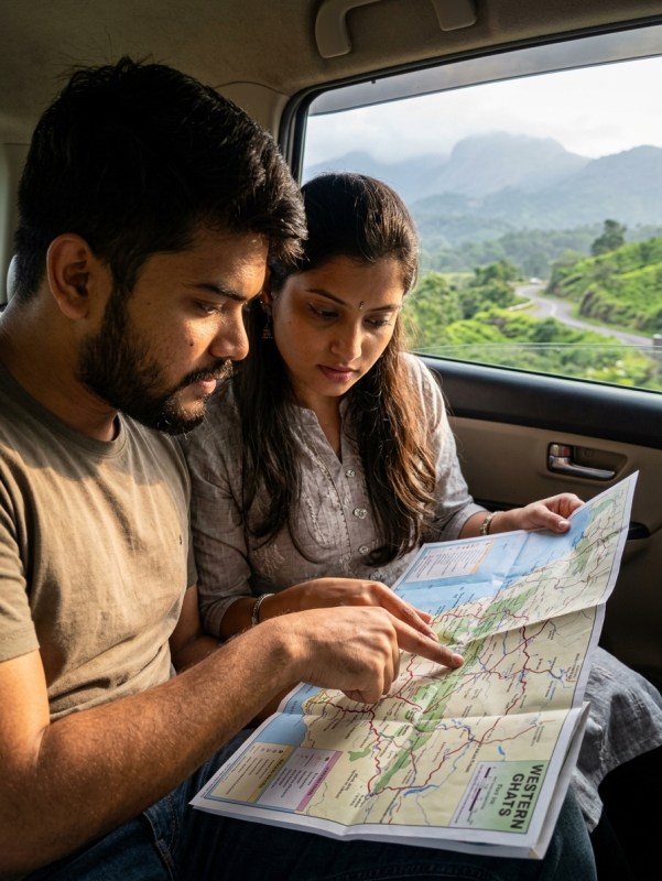 Young Indian couple checking paper map inside car on scenic Western Ghats highway, natural window light, candid travel m