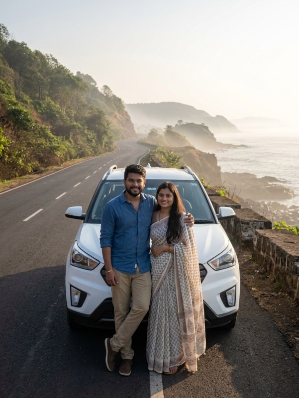 Young Indian couple standing beside car on misty coastal highway, morning golden light, scenic Maharashtra coastline bac