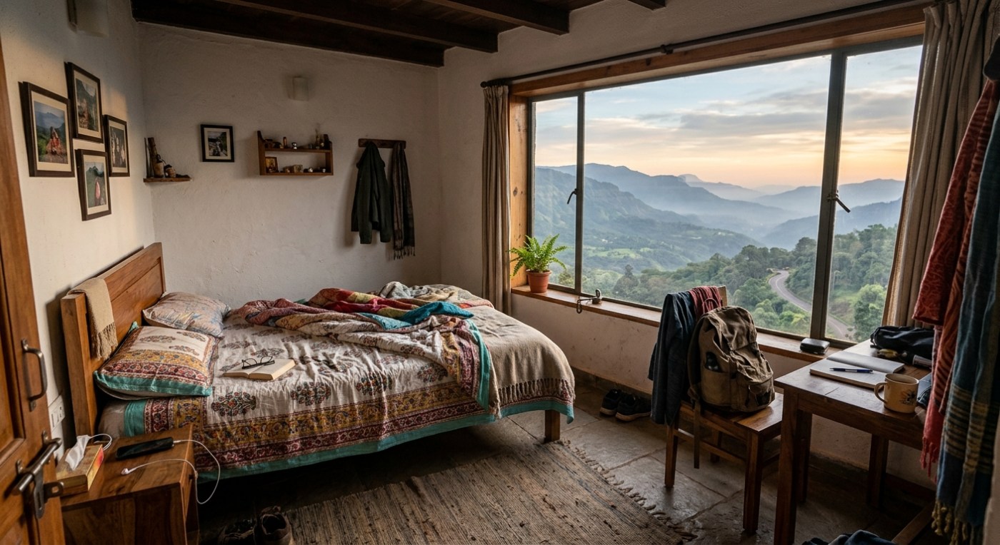 Cozy homestay room in Mahabaleshwar with valley view, morning light, simple decor, real lived-in feel, no staging