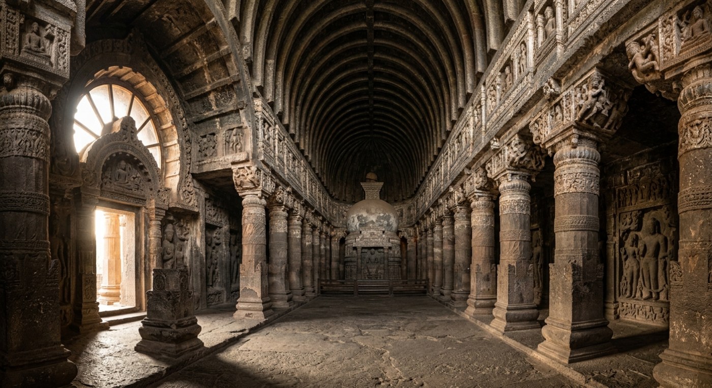 Ancient Buddhist rock-cut cave interior with carved stone pillars and stupa, soft morning light streaming through entran