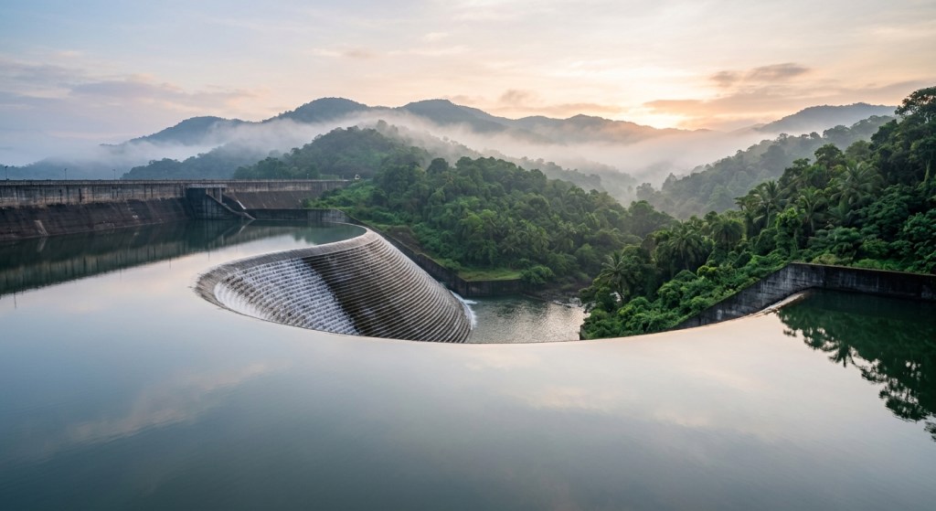 Early morning view of Salaulim Dam curved spillway with mist rising, lush green hills in background, calm water, soft na
