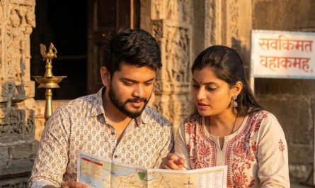 Young Indian couple reviewing travel map together at sunrise near temple entrance, warm golden light, authentic document