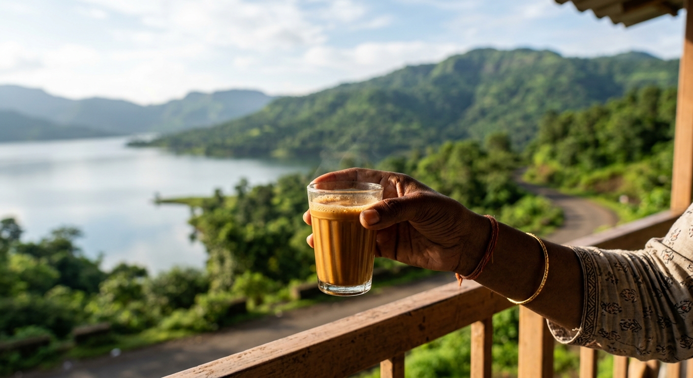 Hand holding a roadside cutting chai with Mulshi Dam and greenery blurred in background, natural morning light, candid t