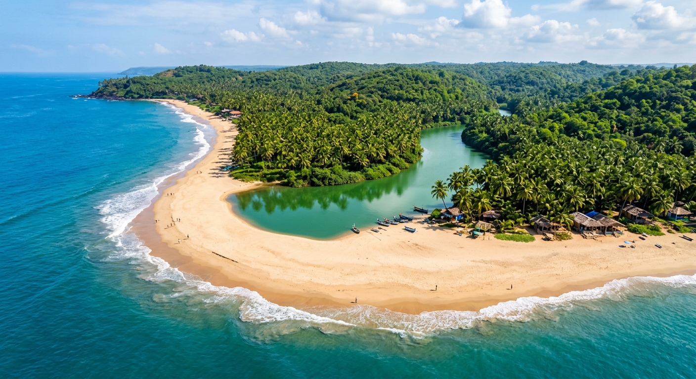 Aerial view of Cola Beach curved shoreline, lagoon and ocean separated by sandbar, vibrant blue water, lush green palms,