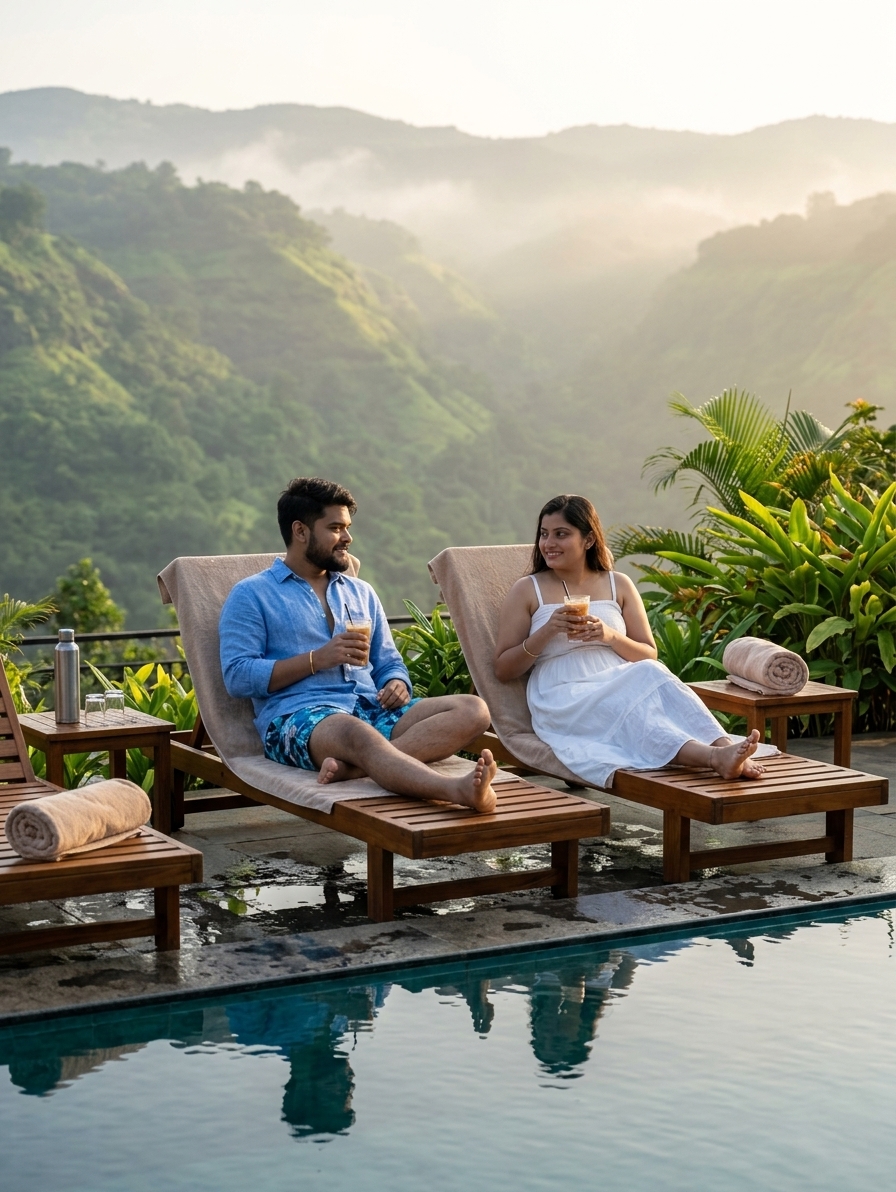 Resort pool overlooking misty hills with couple relaxing on loungers, soft morning light, luxury yet authentic compositi