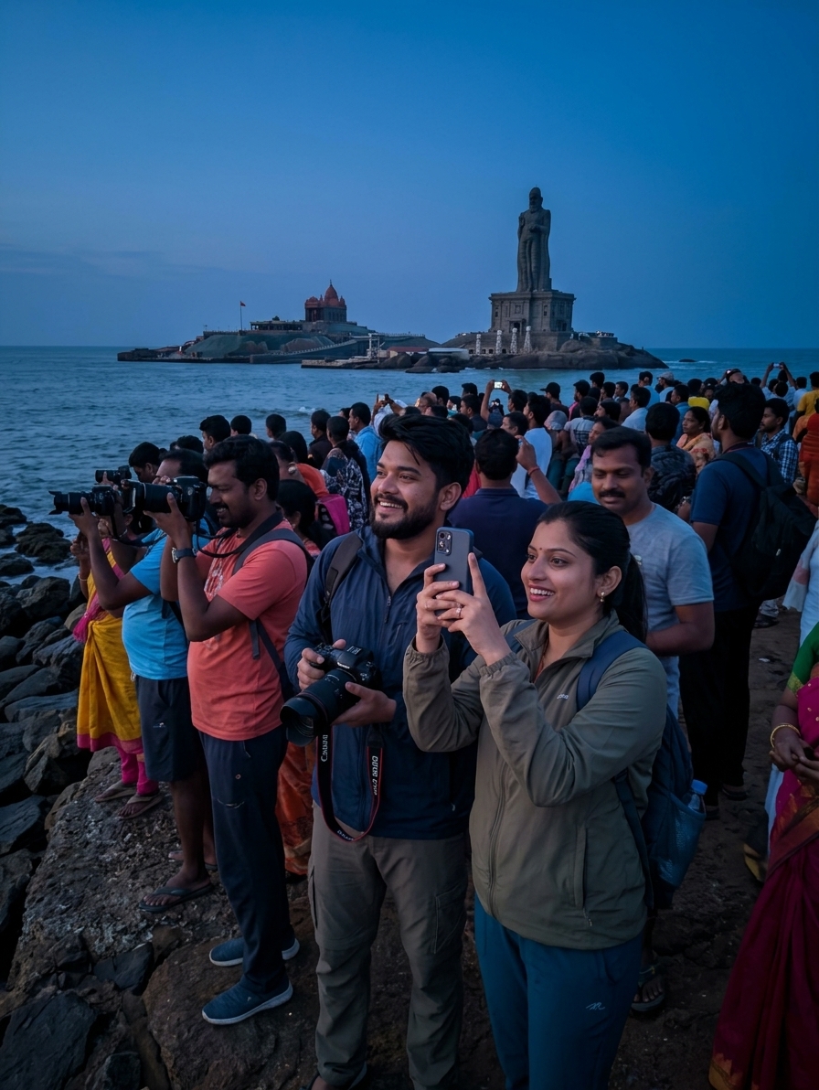 Crowded Sunrise Point at Kanyakumari, tourists with cameras on rocky shore, predawn blue hour, Vivekananda Rock Memorial
