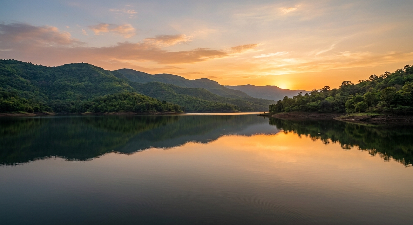 Quiet backwaters of Panshet Dam during sunset, calm water reflecting green hills, empty foreground, serene and peaceful