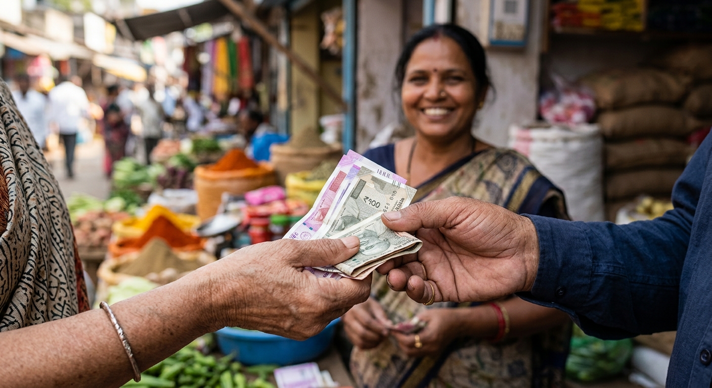Close-up of hands holding rupee notes during a friendly market transaction, shopkeeper smiling in soft-focus background,