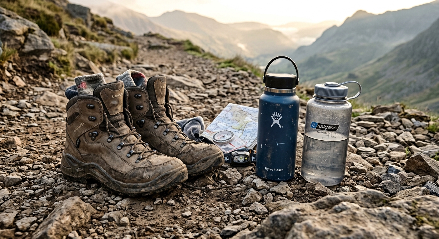 Close-up of worn walking shoes and water bottles on rocky trail, early morning light, travel essentials laid out, realis