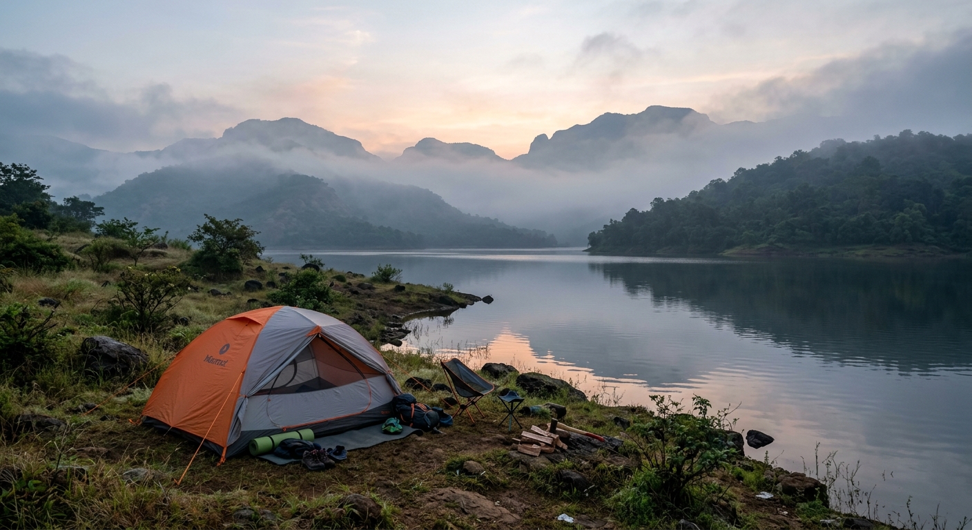 Dome tent pitched lakeside at Pawna with hills in background, early morning mist, natural lighting, travel photography s