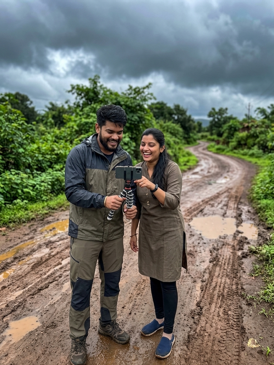 Couple filming themselves with phone tripod on muddy village road, monsoon clouds, unpolished behind-the-scenes travel m