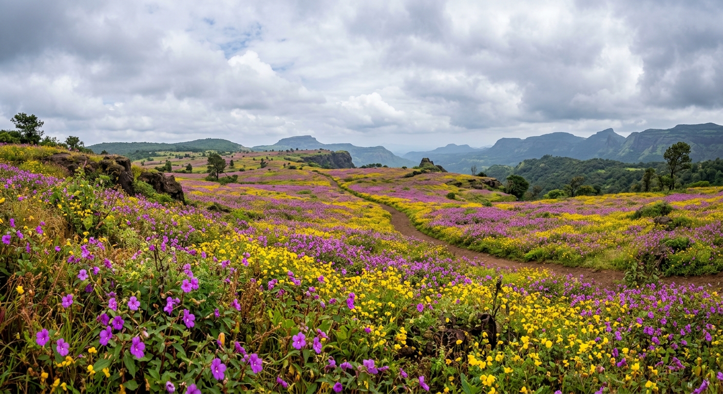 Kas Plateau wildflowers carpeting the landscape in purple and yellow, cloudy sky, natural UNESCO heritage site, wide ang