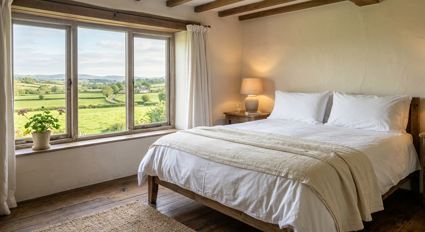 Cozy homestay room with clean white sheets and a window view of green fields, warm afternoon light, inviting and peacefu