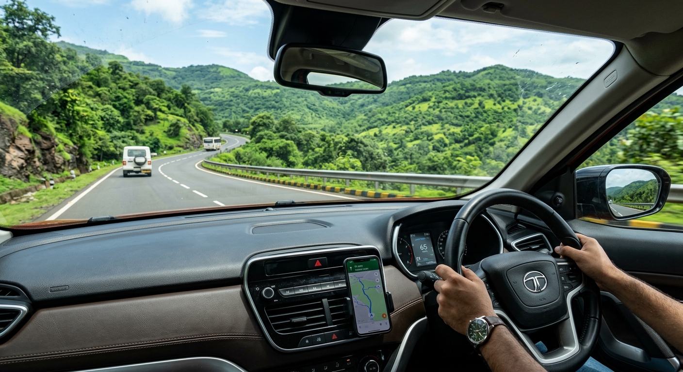 Dashboard view from inside car on Maharashtra highway, steering wheel visible, scenic route ahead through green hills, w