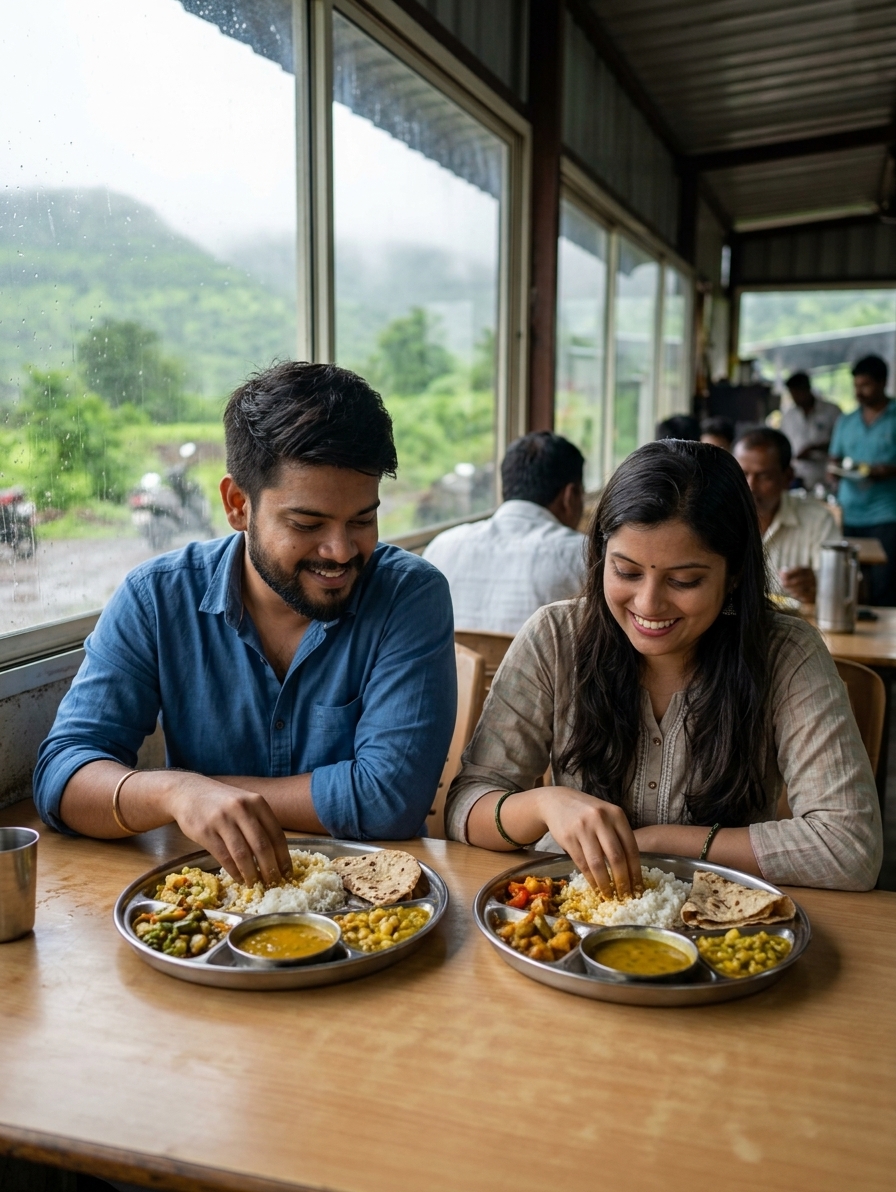 Indian couple eating at roadside dhaba near Mulshi, simple thali plates, monsoon greenery visible through window, natura