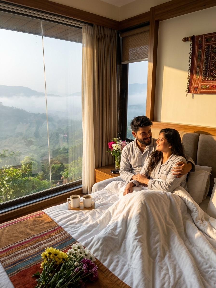 Romantic resort room in Lonavala with valley view, cosy bed, morning light streaming through window, intimate setting