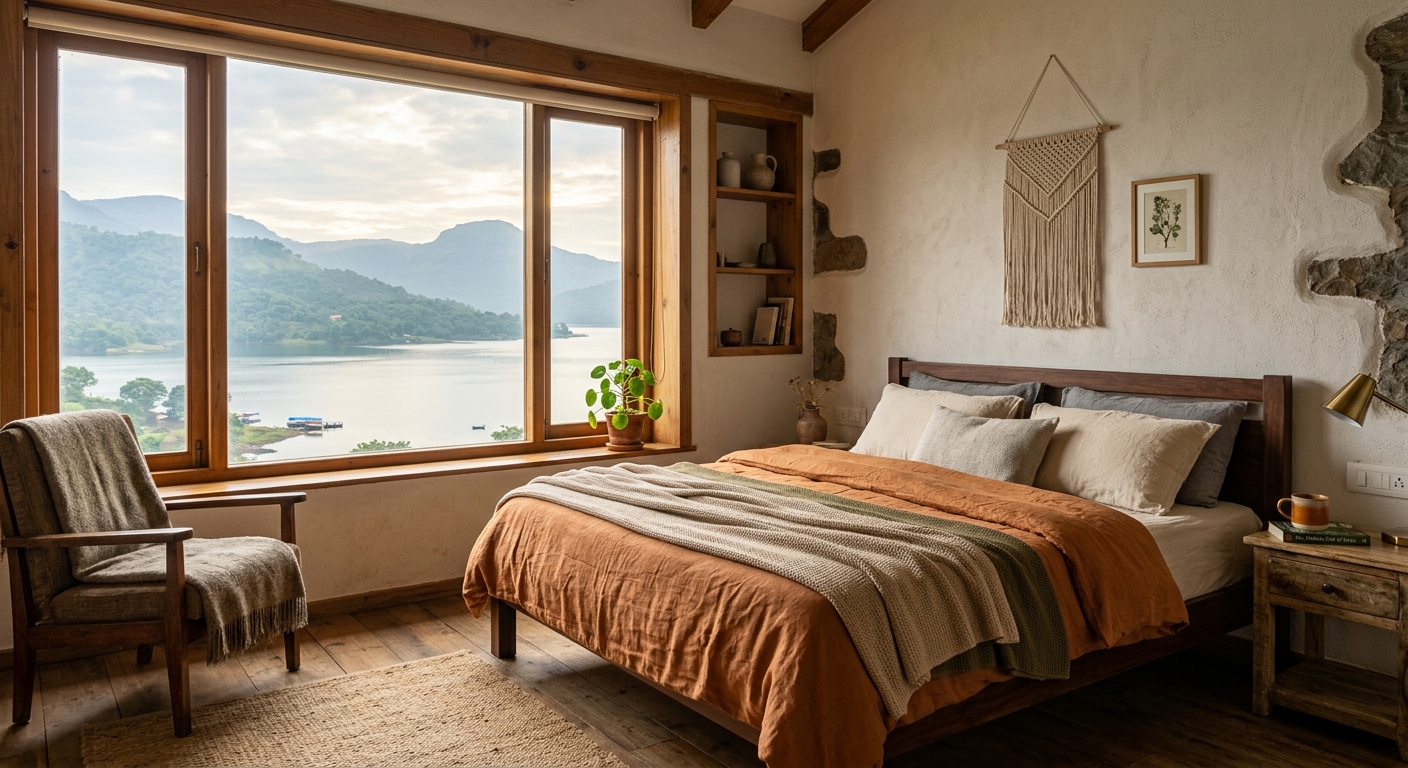 Cozy homestay bedroom interior with large window overlooking Mulshi Lake, comfortable bed with earthy linens, morning li