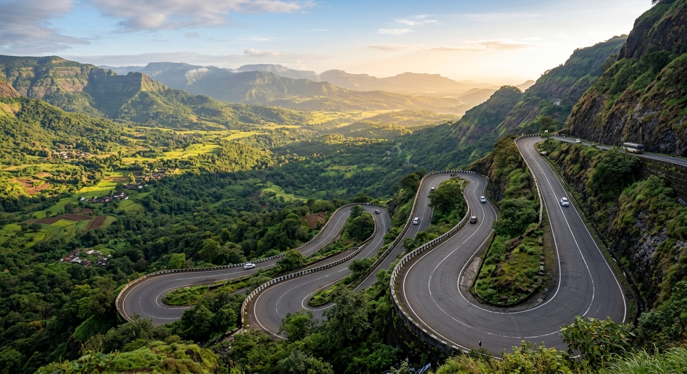Winding mountain hairpin bends near Ambenali, green valleys below, morning golden hour, wide-angle road photography, dra