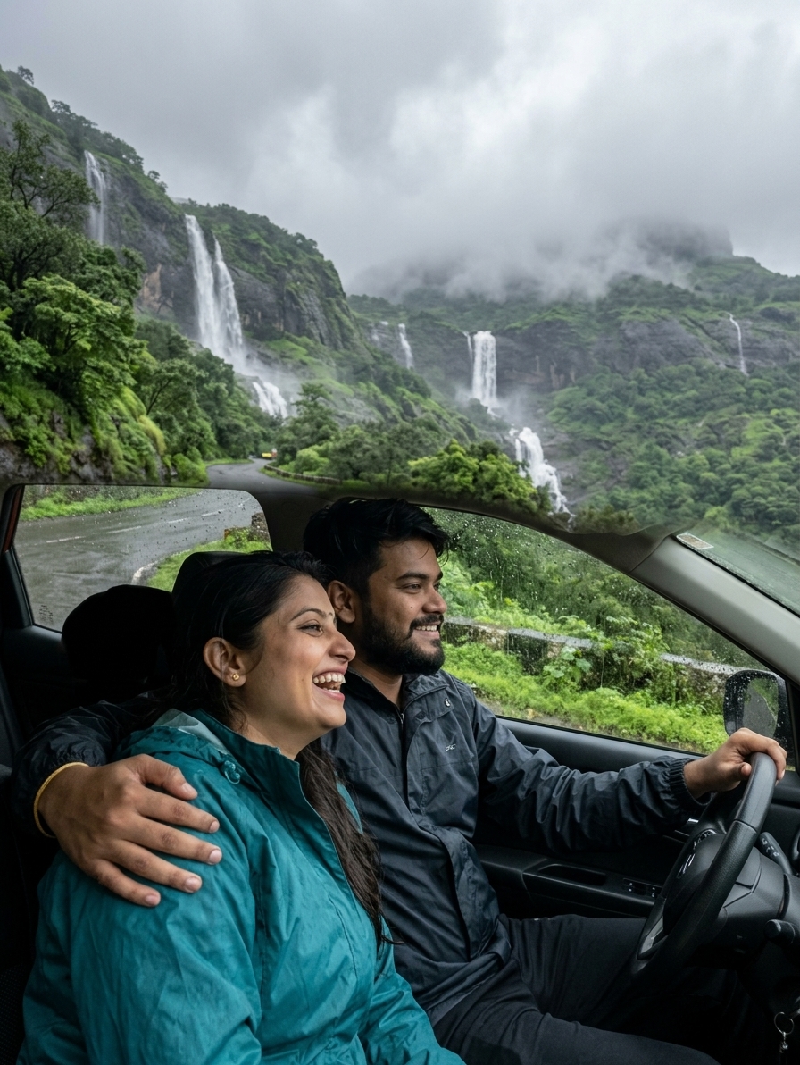 Misty mountain road in Malshej Ghat during monsoon, waterfalls on both sides, lush greenery, dramatic cloudy sky, romant