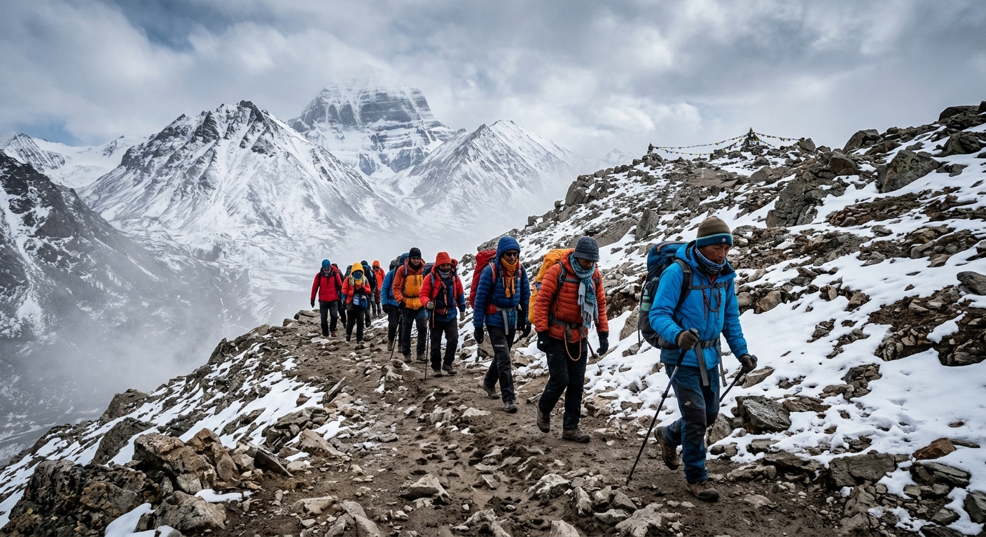 Pilgrims trekking toward Dolma La Pass, rocky mountain trail, colorful winter gear, snow patches, thin air mist, natural
