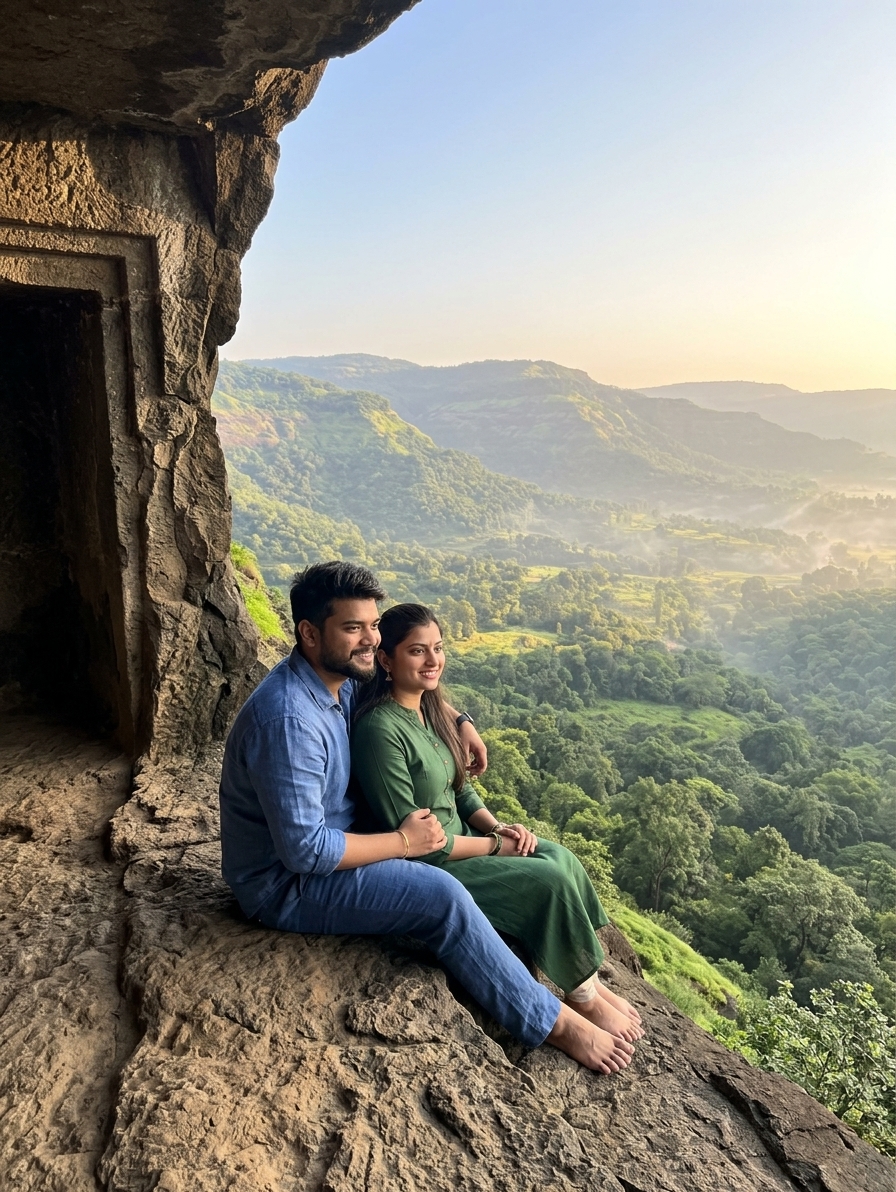 Hilltop view from Bedse Caves at sunrise, layered green valley below, couple sitting on rocky ledge, soft golden light,