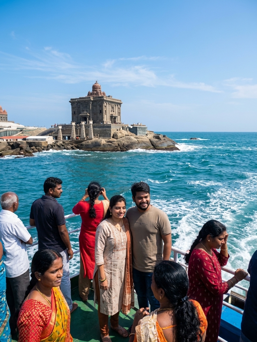 Vivekananda Rock Memorial from ferry, blue ocean, clear sky, tourists in foreground, midday light, travel photography, v