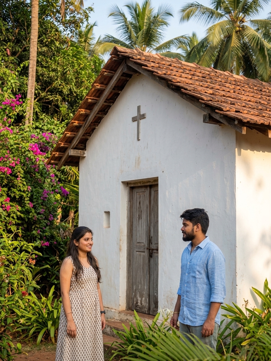 Small, quiet Goan chapel with whitewashed walls and simple wooden door, surrounded by lush greenery and no visible touri