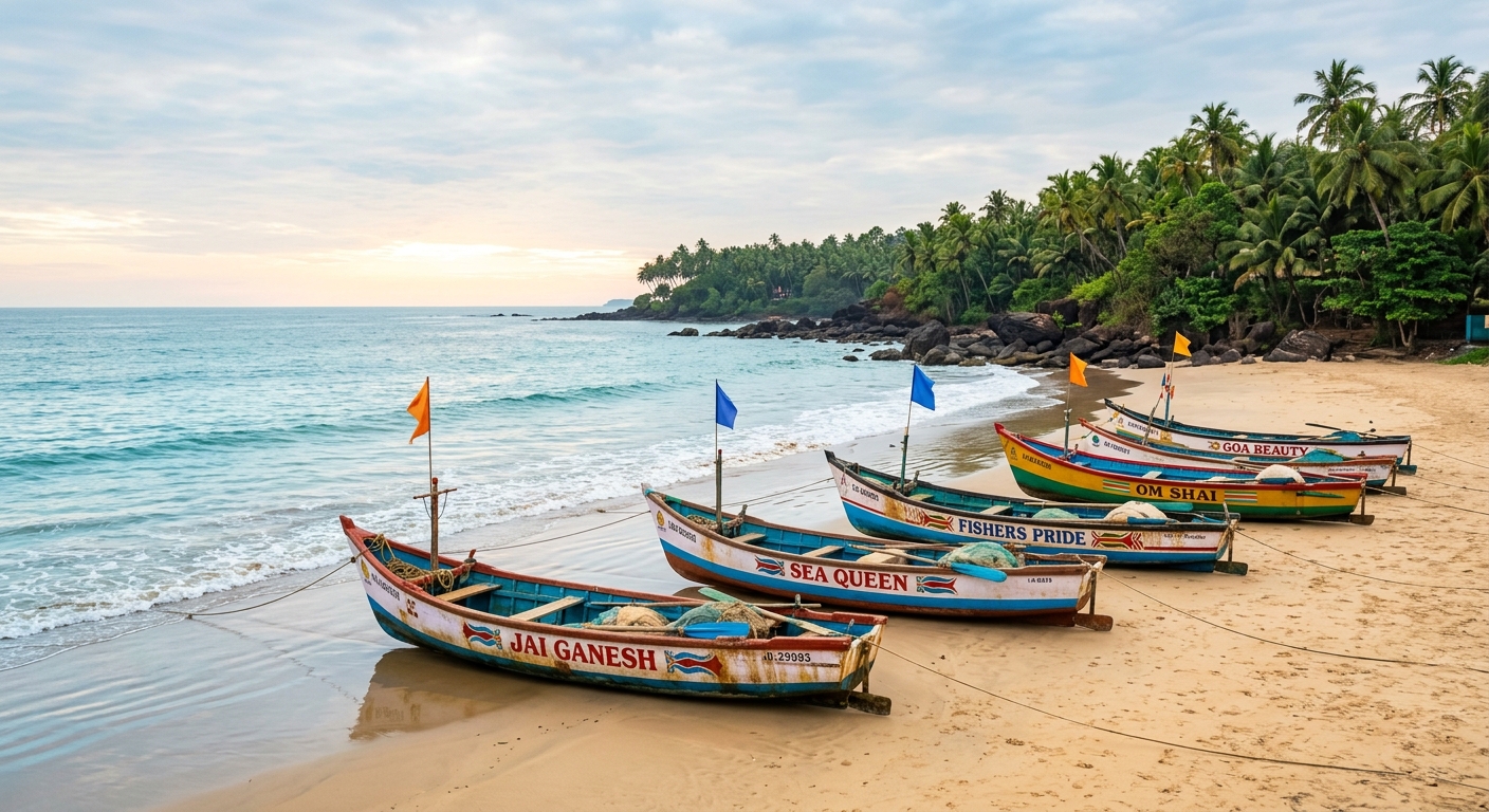 Scenic empty beach with traditional colorful fishing boats, South Goa coastline, morning light, turquoise water, peacefu