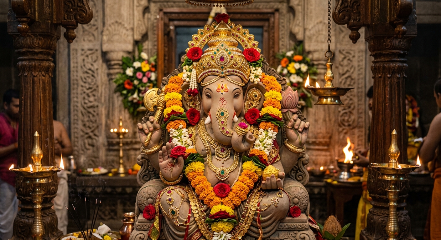 Close-up of ornate Ganpati idol decorated with flowers and ornaments inside traditional Pune temple, warm lighting, devo