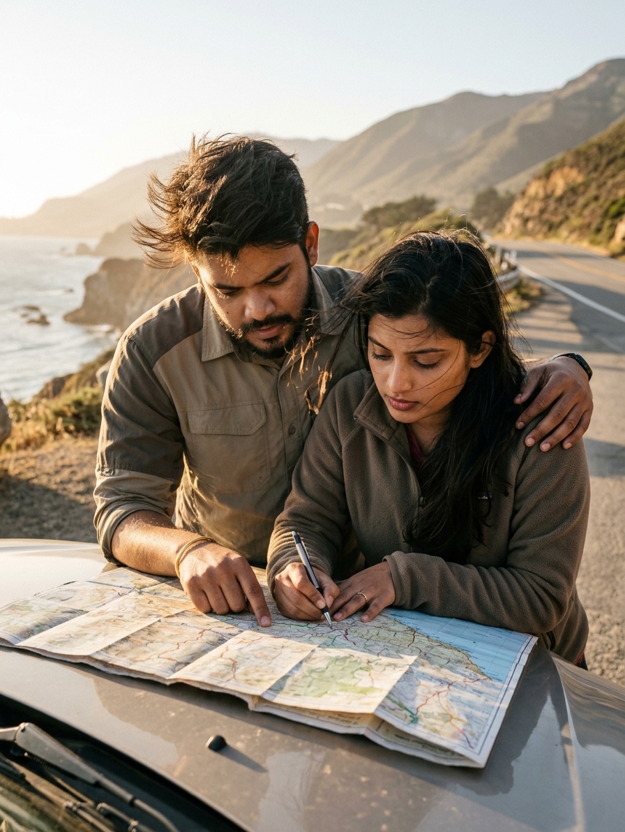 Raw behind-the-scenes travel moment, couple checking map on roadside, unedited realistic travel scene, golden hour natur