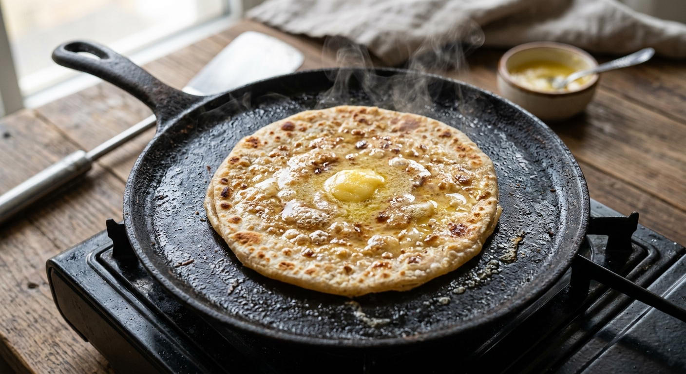 Close-up of fresh paratha on a cast-iron tawa with ghee melting, shot from above in natural early morning light with ste