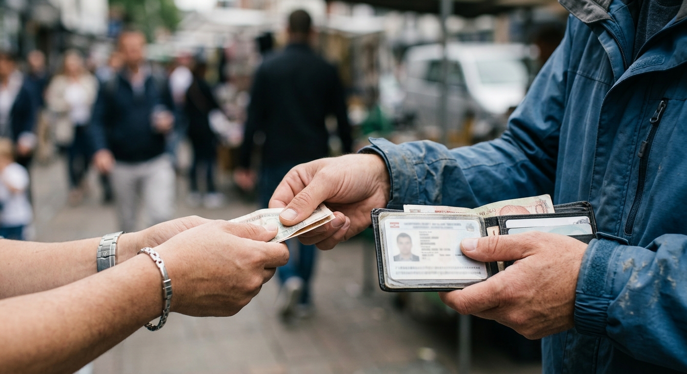 Close-up of fake laminated ID card and cash transaction hands, natural outdoor lighting, travel safety warning visual