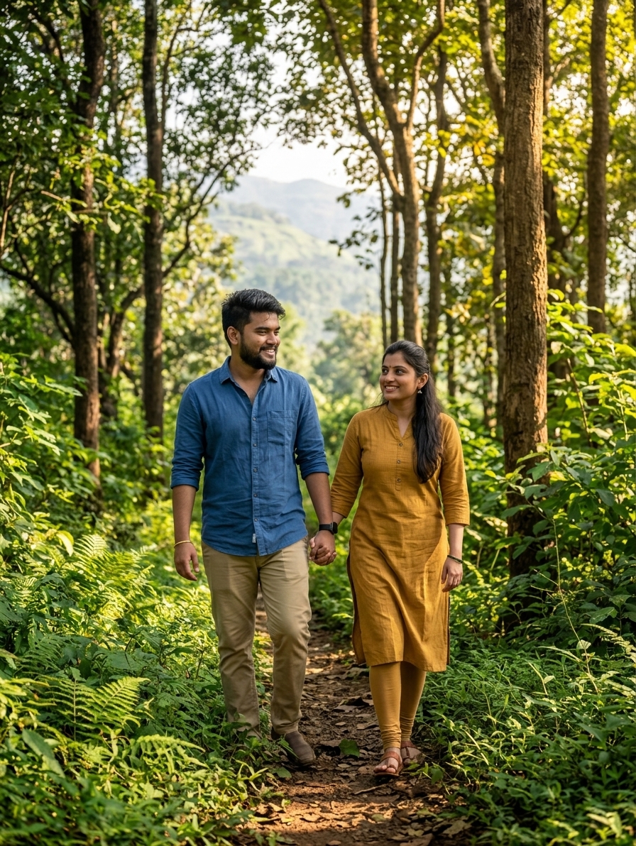 Couple walking on quiet forest trail near Lonavala, lush greenery, dappled sunlight through trees, peaceful natural sett