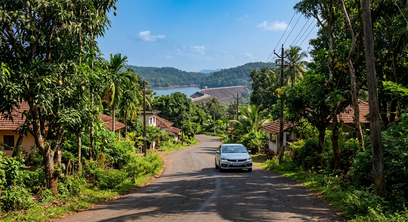 Narrow village road leading to Salaulim Dam, paved surface with trees on both sides, sedan car driving ahead, clear blue